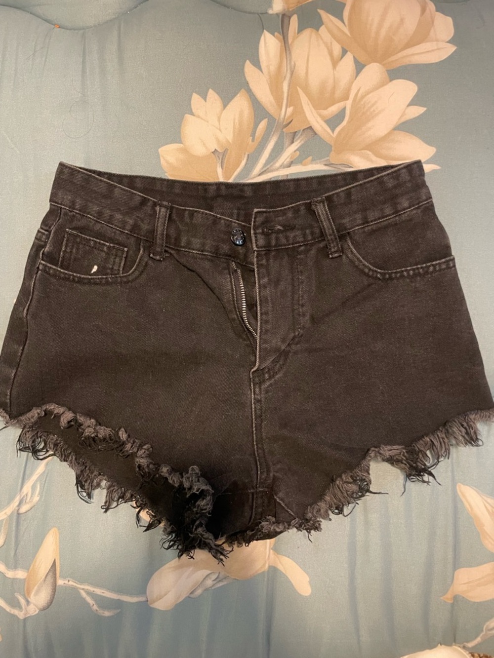 Black Frayed Hem Women's Denim Shorts with flame booty